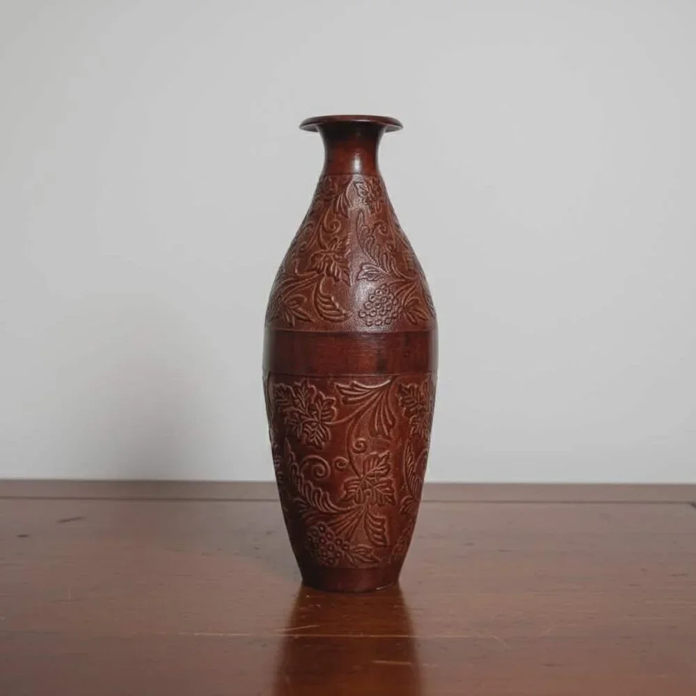 Vtg Cast Bronze Vase Grape & Vine Embossed Bottle Mid-Century Verdigris 9.75